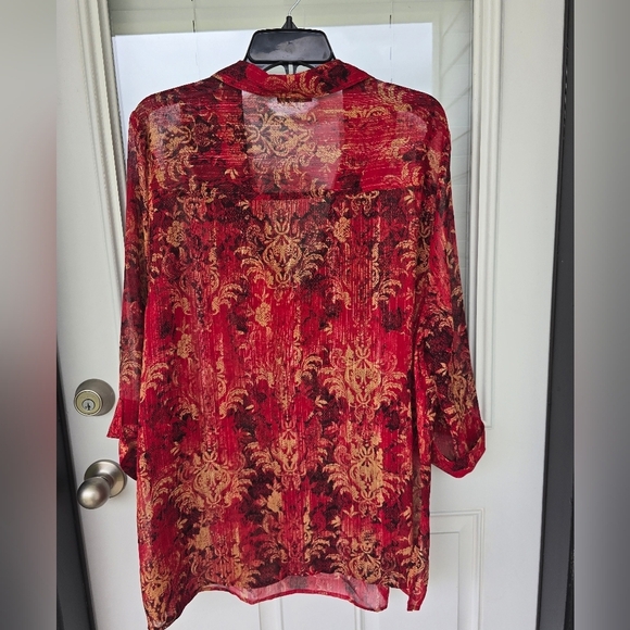 Catherines Sheer Tunic Top 2X Plus Womens 3/4 Sleeve Orange Paisely Open Front - Picture 14 of 15